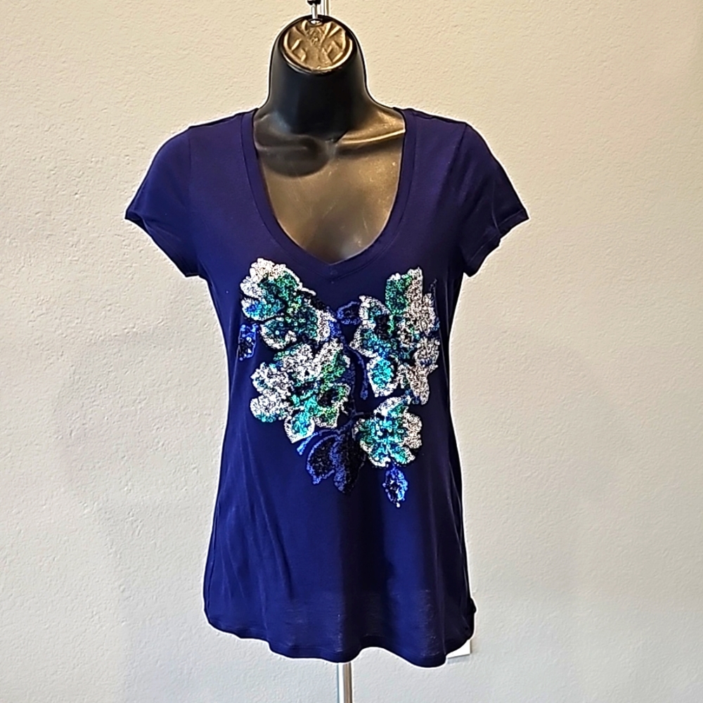 Express Sequined Purple T-Shirt with Floral Applique